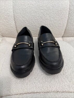 Anne Klein Black Leather Moccasins with Gold Accent Bar